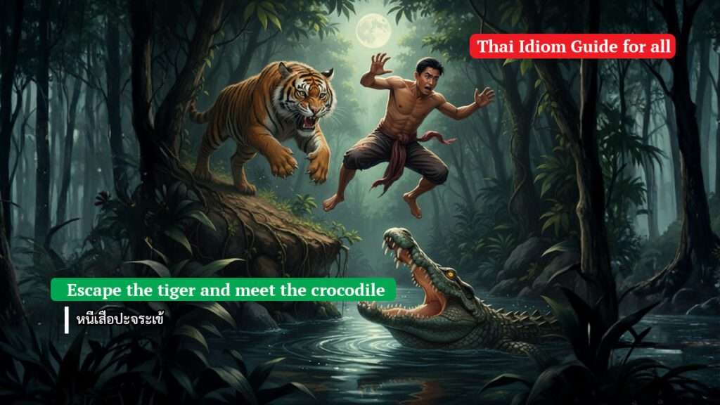 Escape the tiger and meet the crocodile, หนีเสือปะจระเข้,Out of the frying pan into the fire